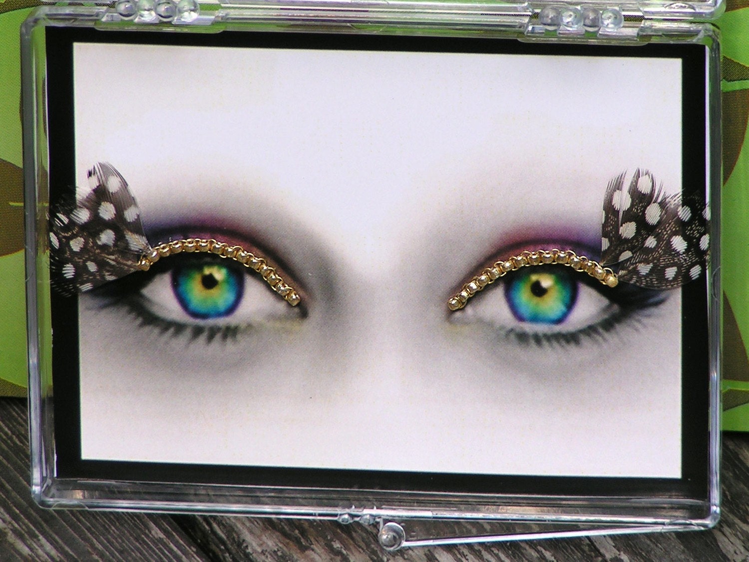 24k Gold Plated Eyelash Jewelry with spotted feathers