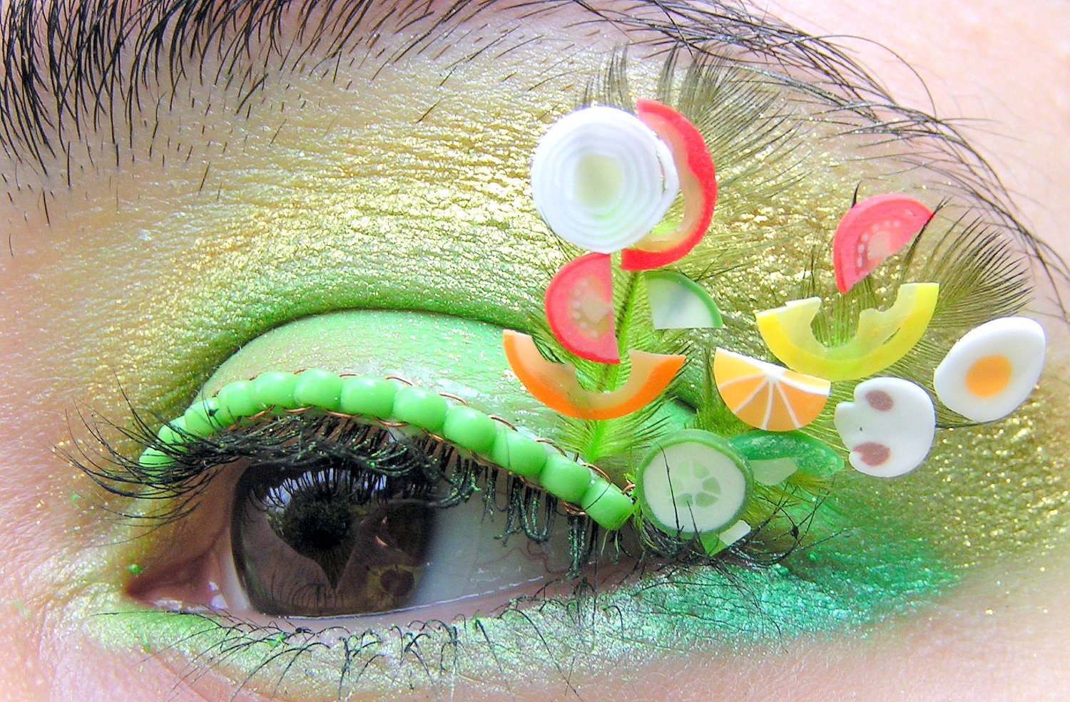 Salad Days Eyelash Jewelry - garden vegetables and green feathers false eyelashes