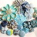 The Blues 25 piece Embellishment Pack of yo-yo's, fabric covered buttons and kanzashi (folded fabric flower)