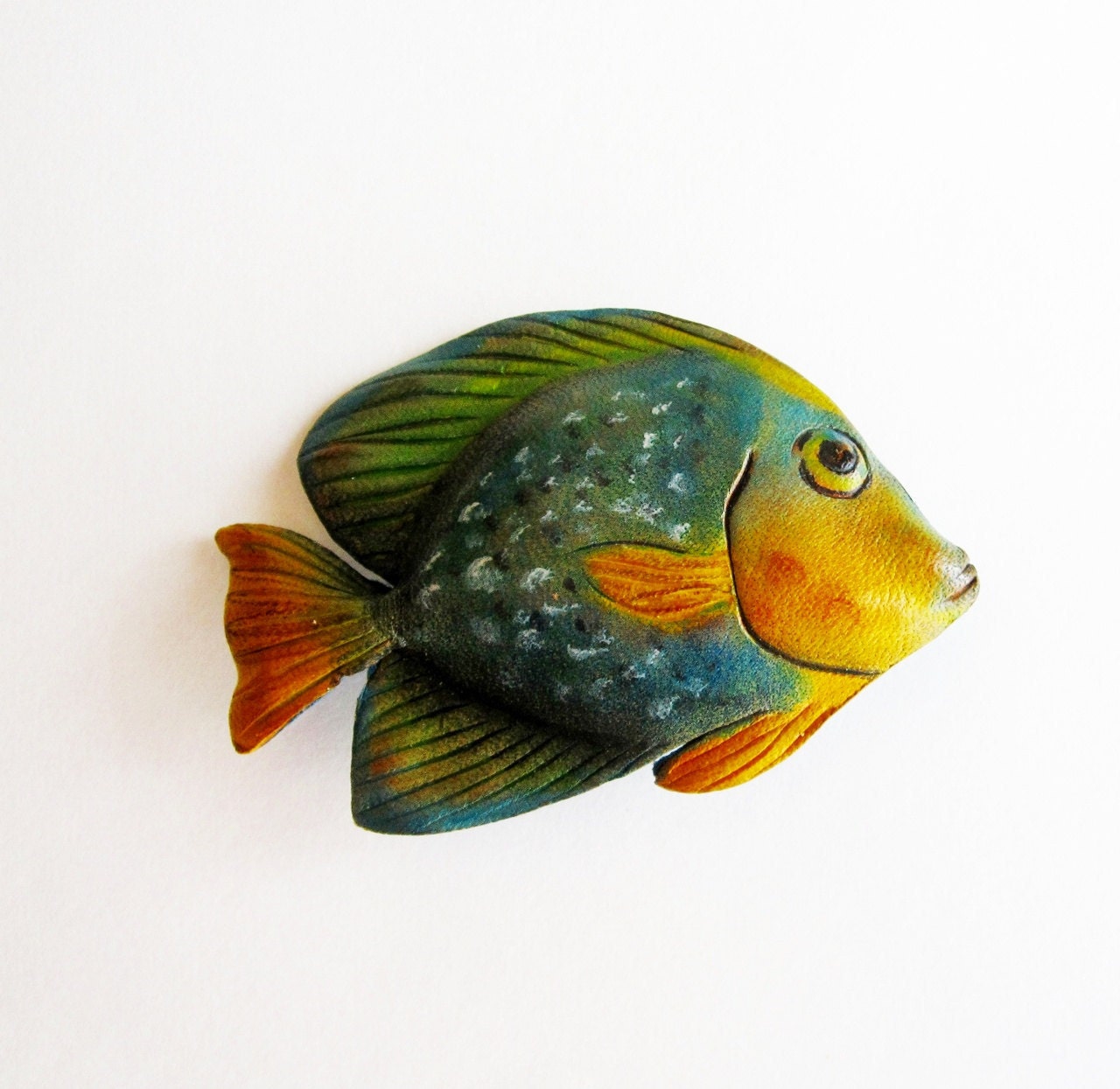 Leather Fish Brooch in Blue Green and Yellow Vintage