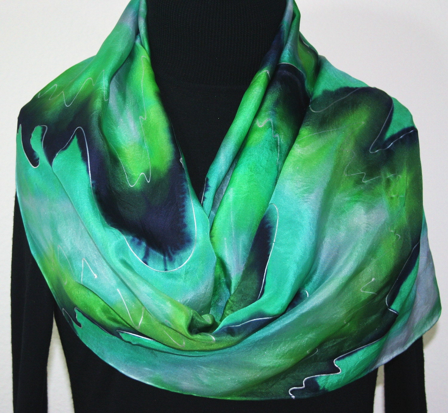Hand Painted Silk Scarf Cool Mountain. Silk Scarf in  in Green, Teal, Silver Gray. Size 11x60. Made in Colorado. 100% silk. MADE TO ORDER.
