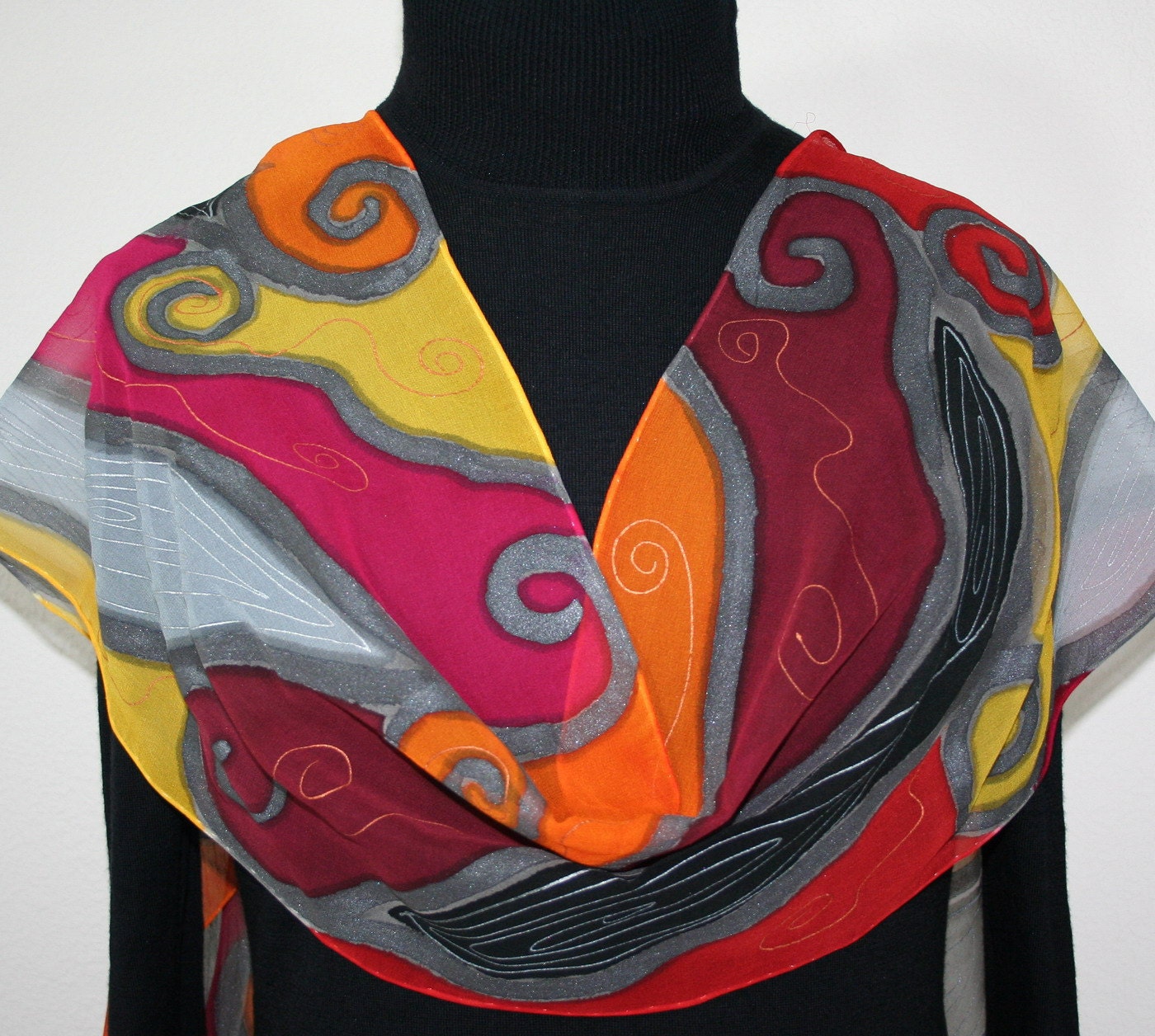 Hand Painted Silk Scarf Oriental Waves. Silk Scarf in Yellow, Burgundy, Gray. Size Long 11x90. Made in Colorado. 100% silk. MADE TO ORDER.