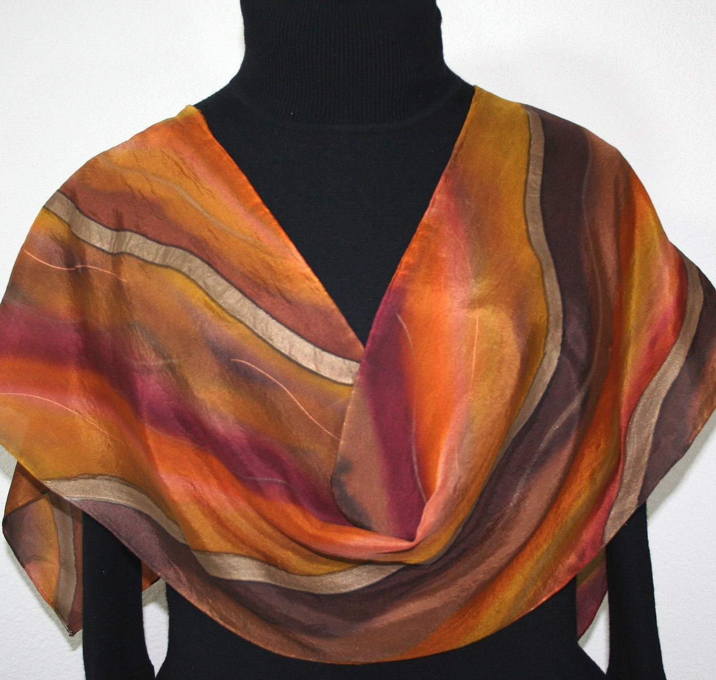 Hand Painted Silk Scarf Arizona Rocks. Silk Scarf in Terracotta, Brown, Burgundy. Size 11x60. Made in Colorado. 100% silk. MADE TO ORDER.