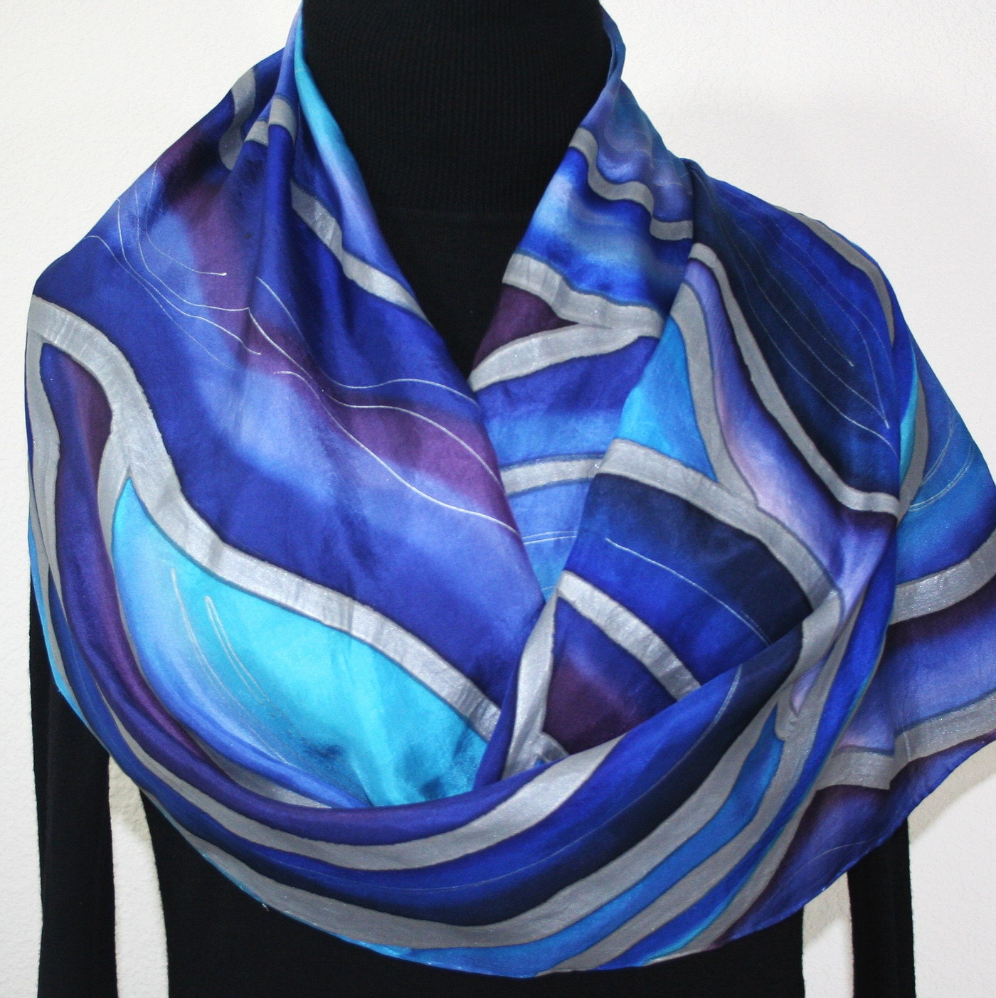 Hand Painted Silk Scarf Moon Waves. Silk Scarf in Blue and Purple. Size 14x70. Silk Scarves Colorado scarf. 100% silk. MADE TO ORDER.