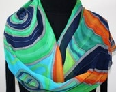 Green Hand Painted Silk Scarf. Ocean Spirit Silk Scarf in Teal and Orange. Size 14x70. Made in Colorado. 100% silk chiffon. MADE TO ORDER.