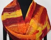 Canyon Walk Hand Painted Silk Scarf. Size 14x70. Silk Scarf in Burgundy, Red, Orange. Made in Colorado. 100% silk chiffon.  Made to order.