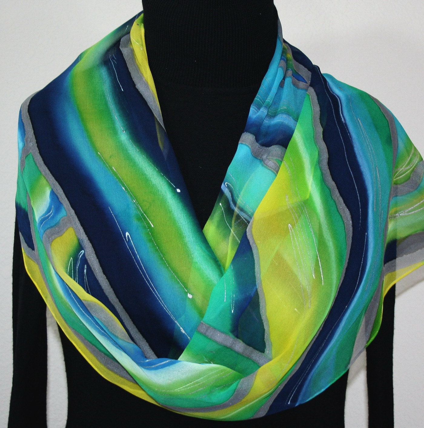 Hand Painted Silk Scarf Spring Morning, Silk Scarf in Blue, Green, Yellow. Extra Long 11x90. Made in Colorado. 100% silk. MADE TO ORDER.