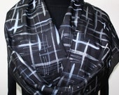 Black Hand Painted Silk Scarf. Silver Lights Silk Scarf in Black, White and Silver. Size 14x72. Made in Colorado. 100% silk. Made to order.