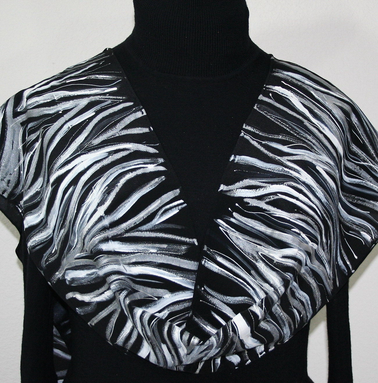 Hand Painted Silk Scarf Black Zebra. Silk Scarf in Black and White. Size 11x60. Silk Scarves Colorado. 100% silk. MADE TO ORDER.