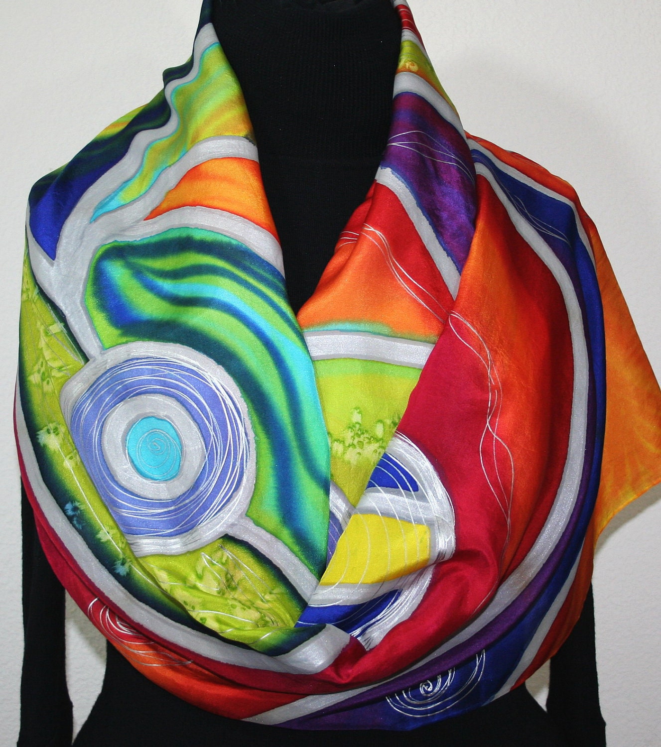 Hand Painted Silk Scarf. Bohemian Chic Silk Scarf in Red, Green, Blue. Extra-Large Silk Wrap 21x90. MADE TO ORDER. 100% silk.