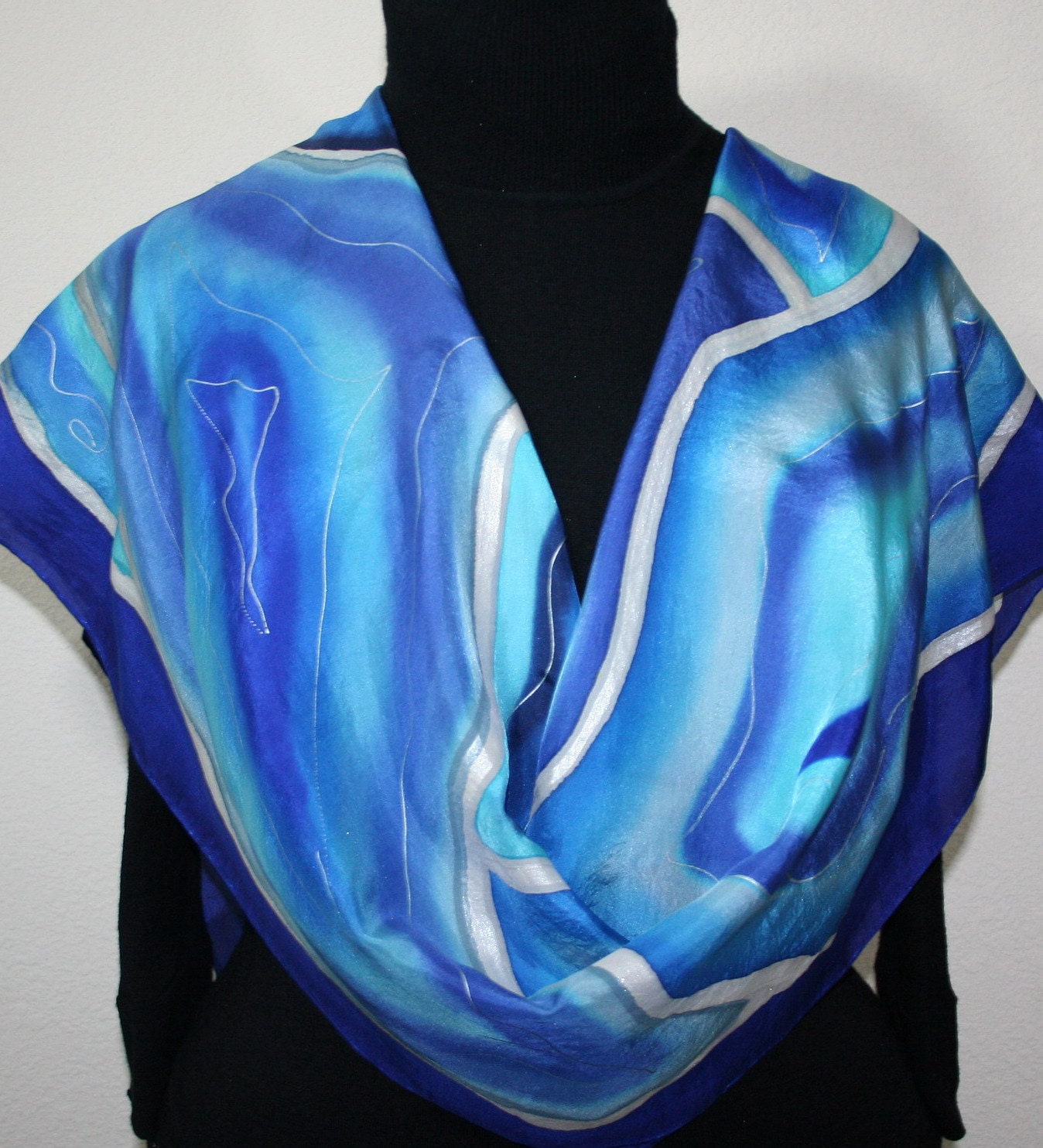 Hand Painted Silk Scarf Beautiful Blizzard. Silk Scarf in Blue. Large size silk wrap 21x70. Made in Colorado. MADE TO ORDER.