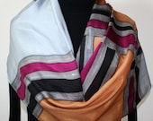 Hand Painted Silk Scarf Silver Elegance. Silk Wrap in Tan, Gray, Brown. Size LARGE 21x70. Made in Colorado. 100% silk. MADE to ORDER