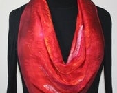 Red Hand Painted Silk Scarf Burning Passion. Silk Scarf in Red, Merlot Red, Burgundy. Size 34x34. Made in Colorado.100% silk. Made to Order.