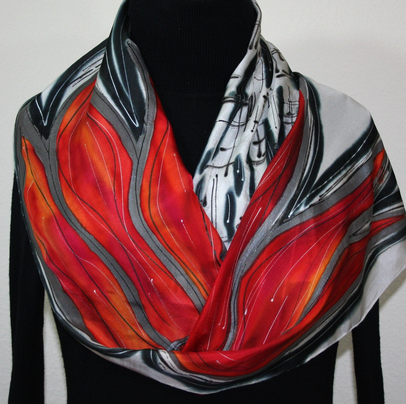 Hand Painted Silk Scarf Crimson Winds. Silk Scarf in Red, Black and White. Size 11x60. Made in Colorado. 100% silk. MADE TO ORDER.