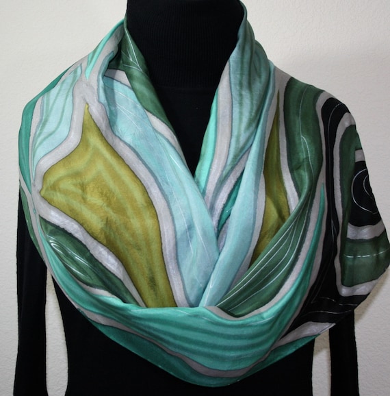 Green Hand Painted Silk Scarf. Forest Tales Scarf in Steel Green and Black. Size 14x70. Silk Scarves Colorado. 100% silk. Made to order.