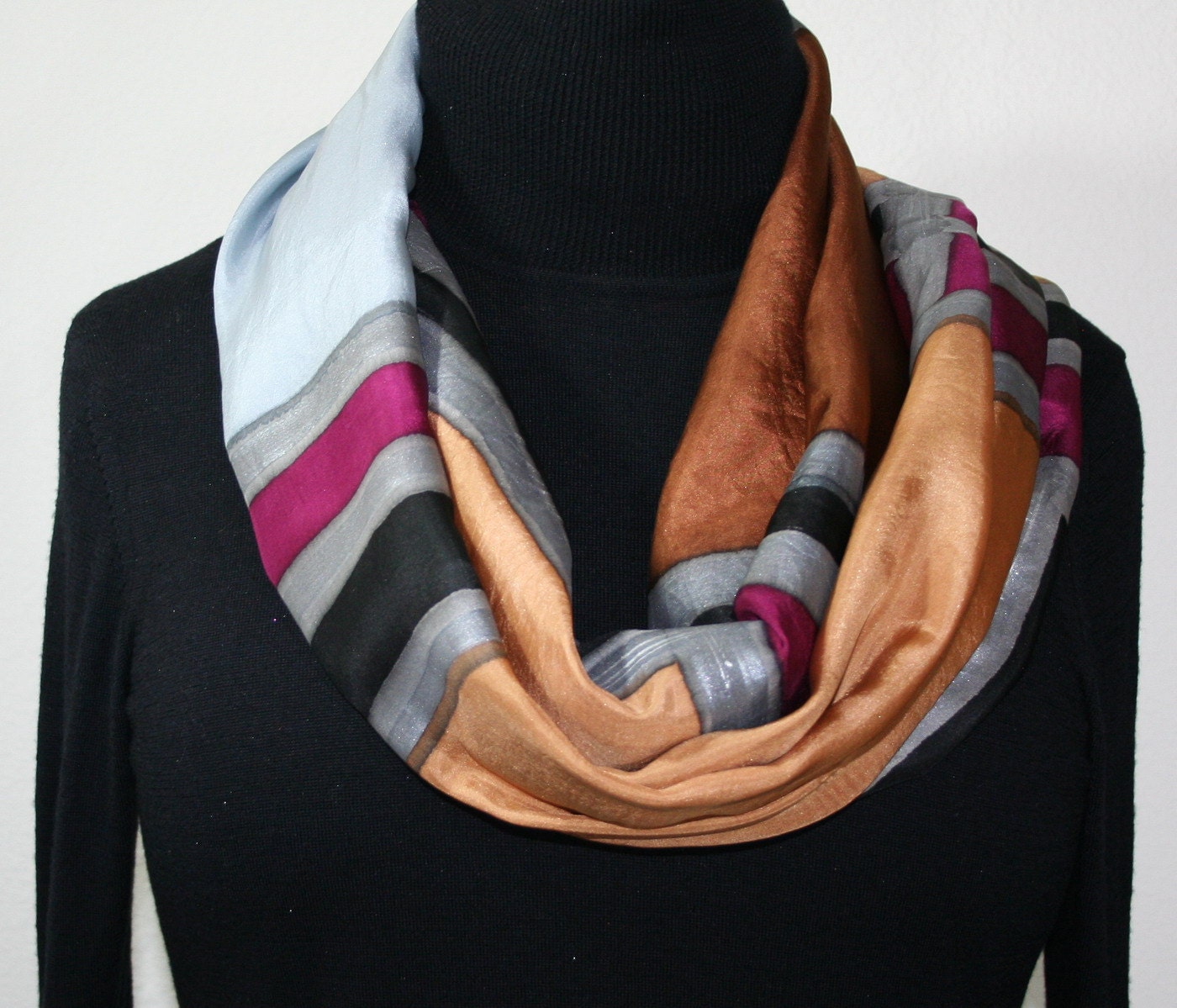 Hand Painted Silk Shawl. Brown & Gray Silk Wrap. Silver Elegance Silk Scarf. Silk Scarves Colorado. Extra-LARGE 21x70 in.MADE to ORDER scarf