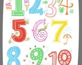 Illustrated Numbers Wall Art Print Count to 10 Bright Colors