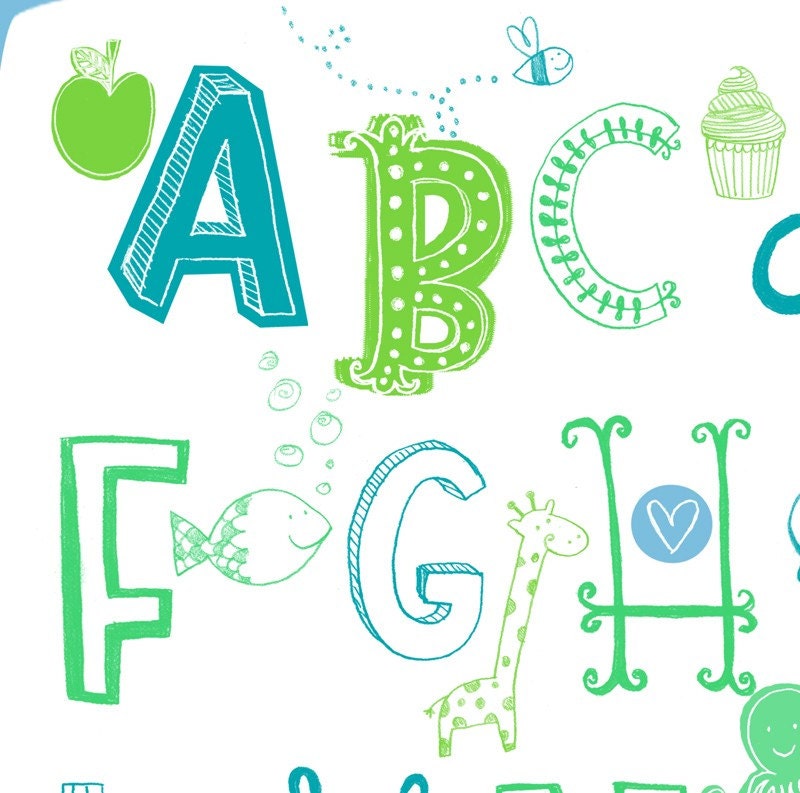 Illustrated Alphabet Wall Art Print- Blue