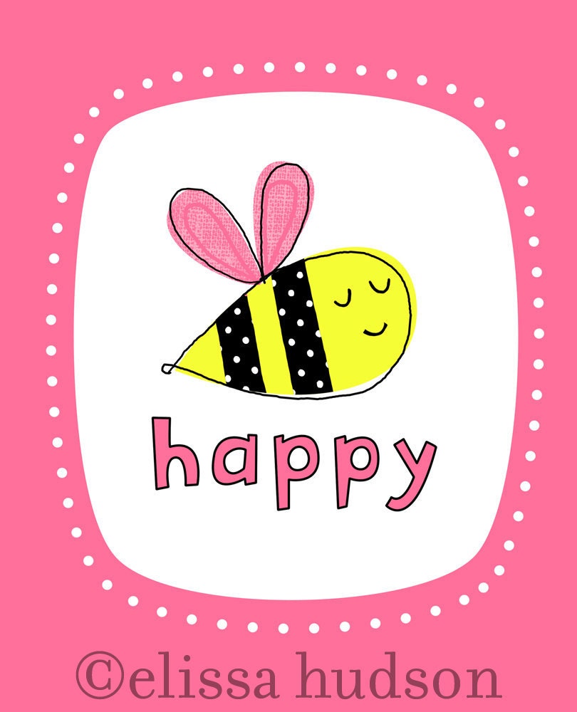 Bee Happy Wall Art Print- Pink