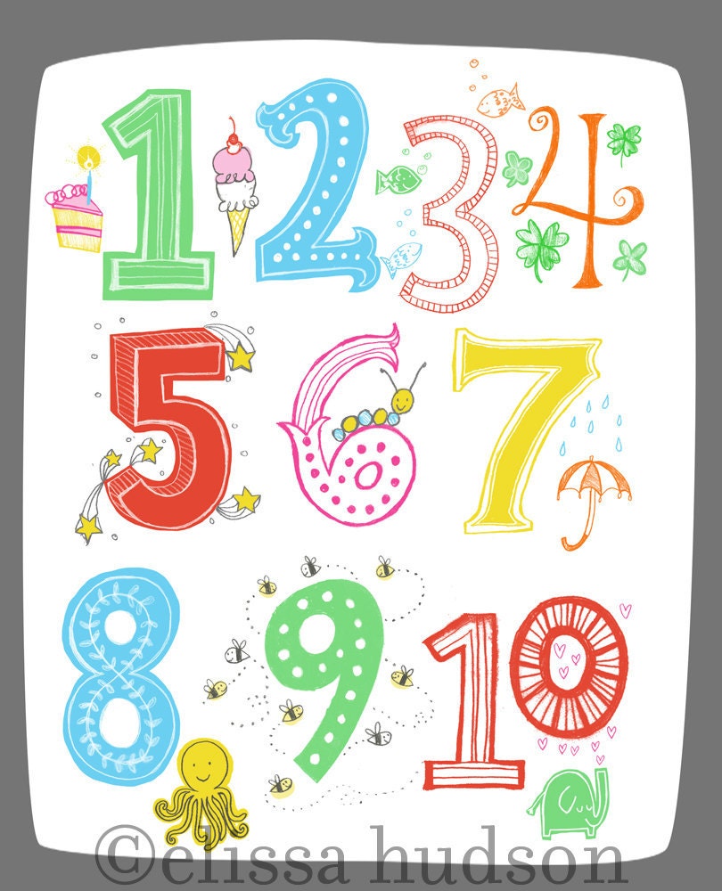 Items similar to Illustrated Numbers Wall Art Print Count to 10 Bright ...