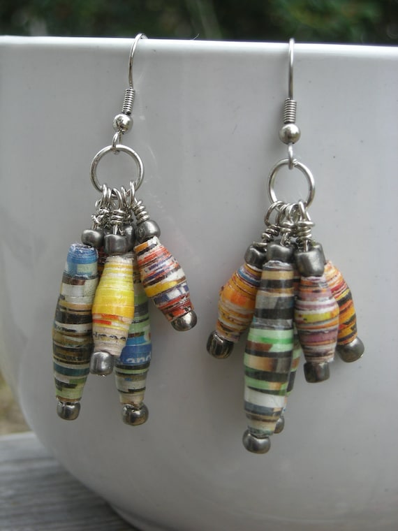 Paper Bead Earrings- Pewter Beads