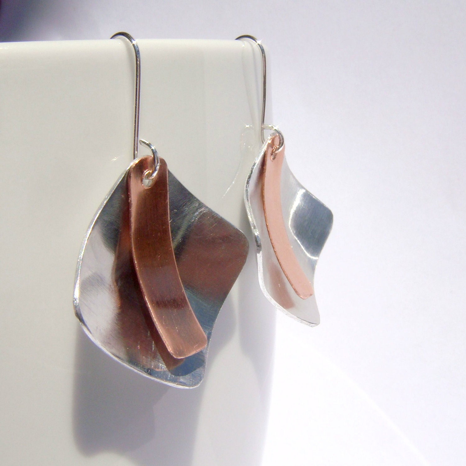 Silver and Copper Geometric Earrings, Contemporary Mixed Metal, Modern