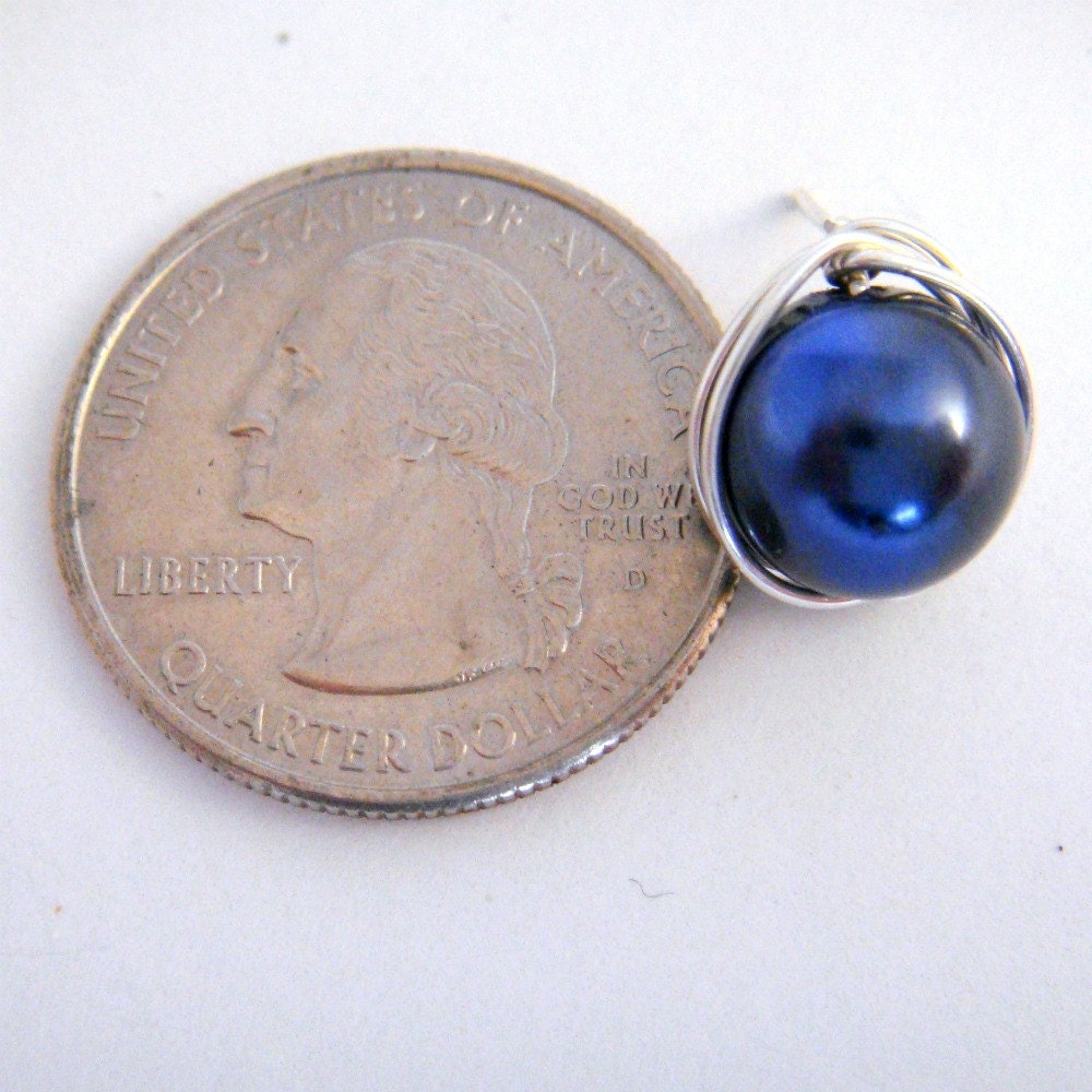Navy Blue Glass Pearl Earrings with Sterling Silver, Stud or Dangle, Nautical Wedding, Monaco Blue