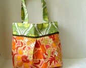 Amy Butler Tote Pleated Floral Print Bag Orange & Green