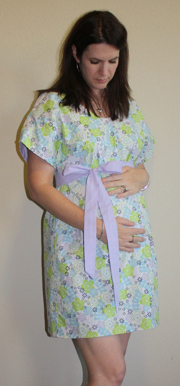 Jameson Hospital Maternity Delivery Gown in lime green, blue and lilac lavender floral-Deliver Your Baby in Style by Mommy Moxie on Etsy