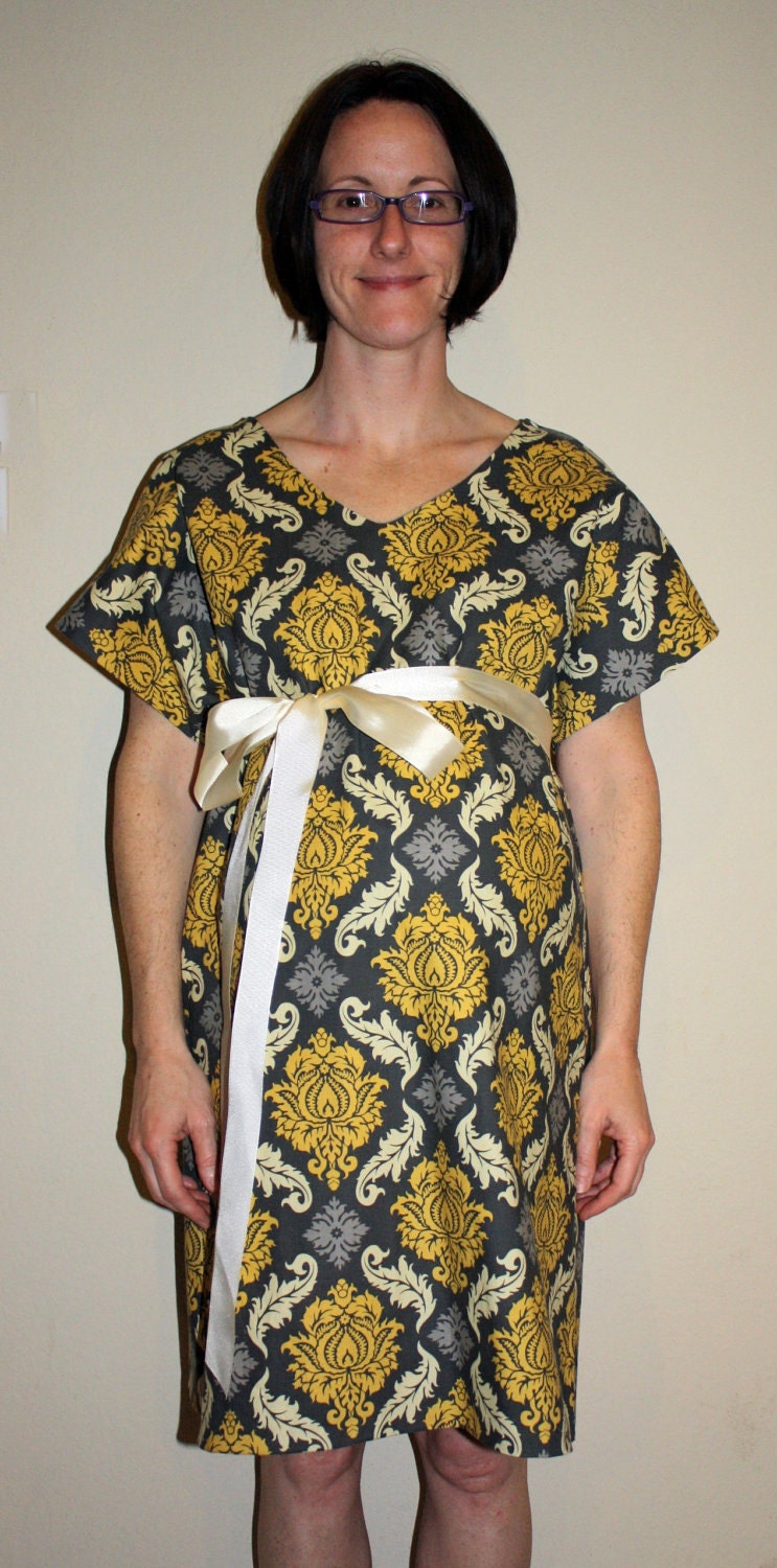 Landry Maternity Hospital Gown in Gray, Mustard Yellow and Cream Damask by Mommy Moxie on Etsy