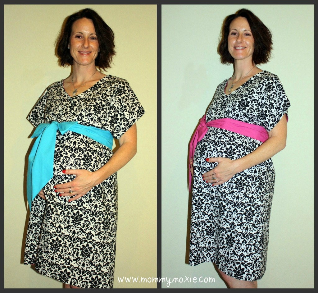 The Hannah Maternity Hospital Gown - Black and White Damask Lined in the Color of Your Choice by Mommy Moxie on Etsy