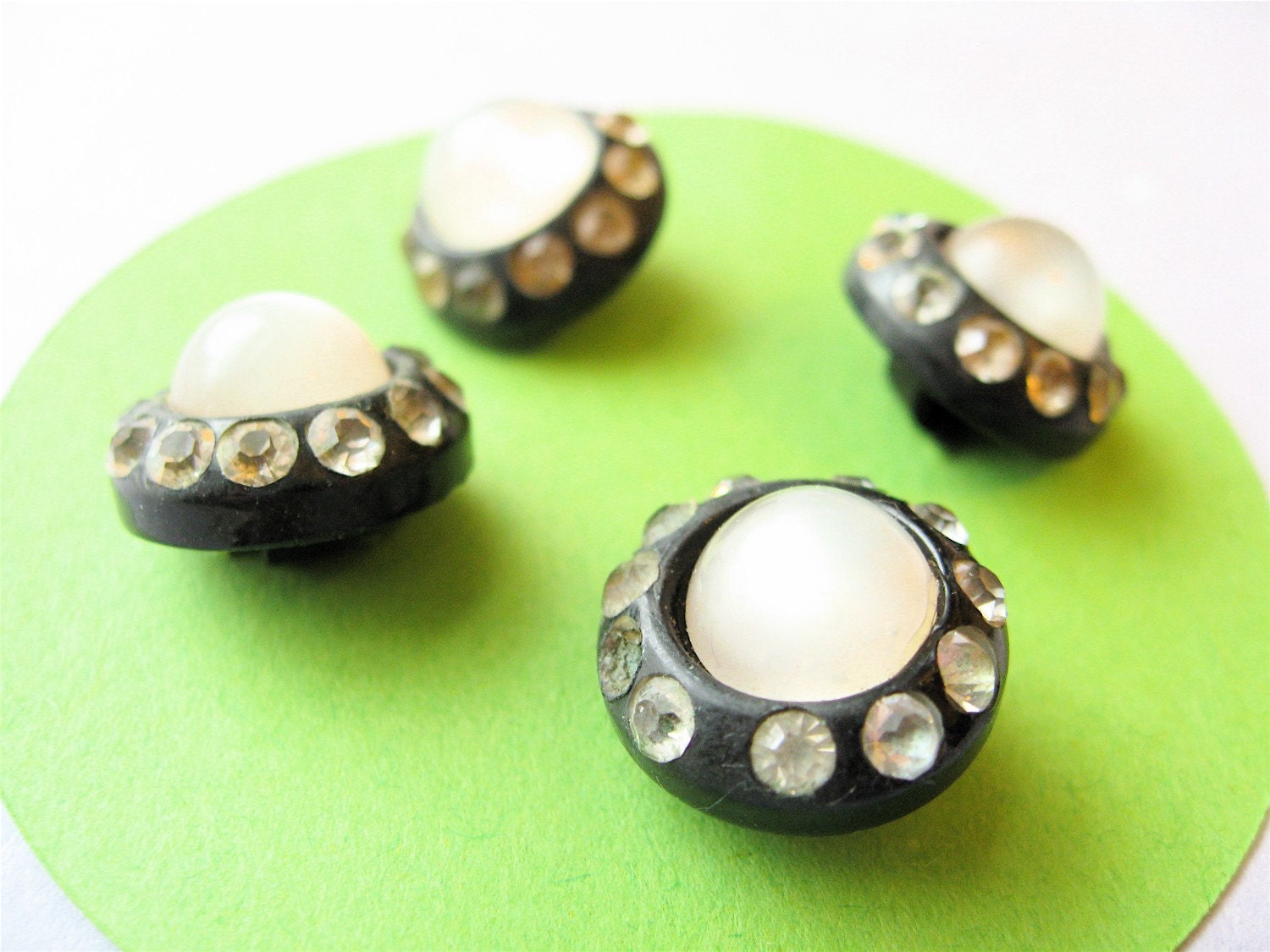 4 Vintage Buttons Bejeweled Black Rhinestones