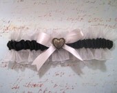 SALE: Bridal Garter, Black & White Ruffled Garter, Heart Garter, Silver, Wedding