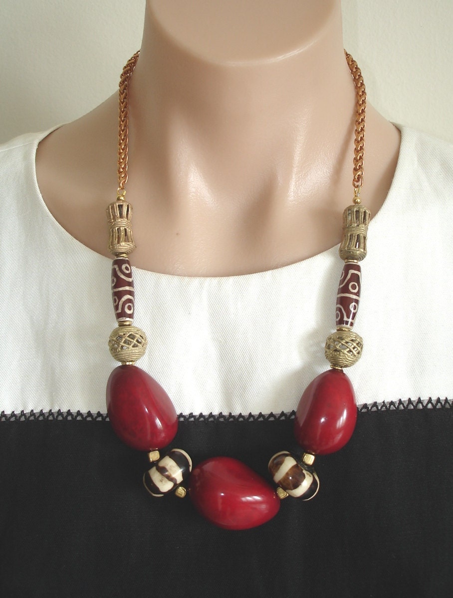 Ashira Organic Red Tagua from Peru and African Brass with Brown & White Cream African Batik Bone Beads- Statement Necklace