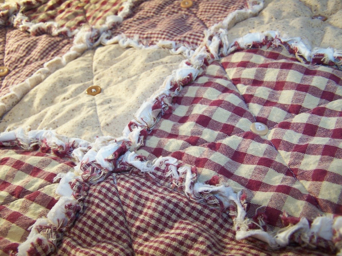Homespun Table Runner, Red Country Primitive Rag Quilt Style, Button Adorned - Handmade in NJ -