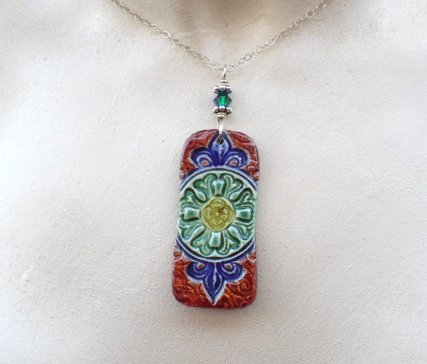 Vajra Mandala Ceramic Pendant Necklace Handmade in Cobalt Blue, Green and Cinnamon Glazes with Sterling Silver Chain