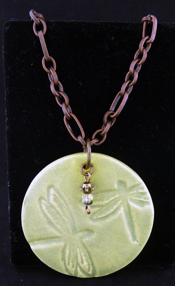 Large Dragonfly Pendant & Vintage Look Chain Necklace - Kiln-Fired Stoneware Clay