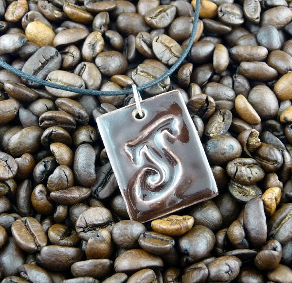 Letter Pendant & Cord Necklace - Kiln-Fired Stoneware Clay - "J" - Chocolate Brown