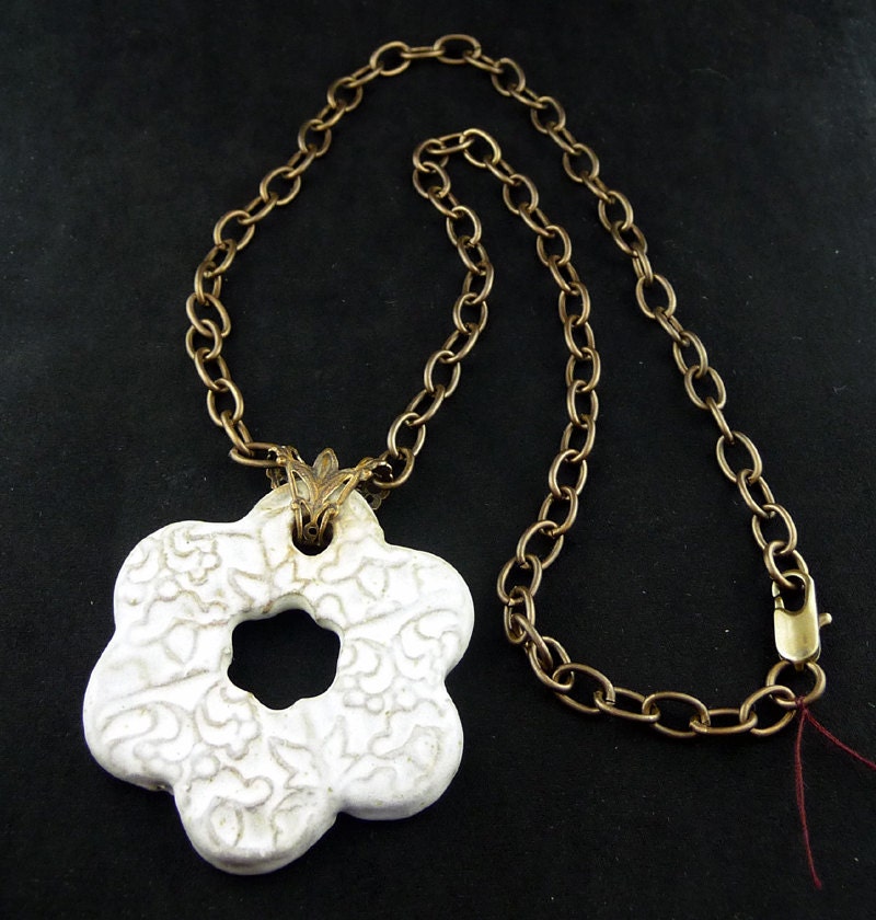 Large Flower Pendant & Vintage Look Chain Necklace - Kiln-Fired Stoneware Clay