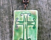 Old Copper Collection Rectangular Pendant With Cross Necklace - Kiln-Fired Stoneware Clay