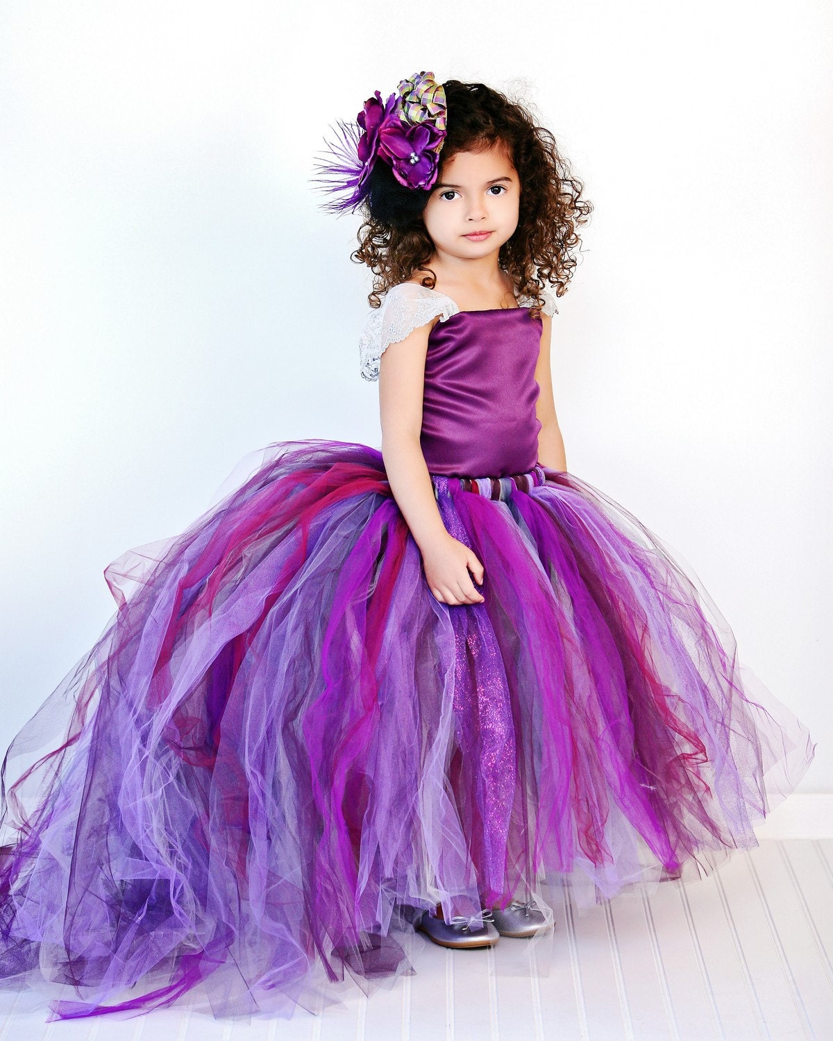 Tutu Flower Girl Dress, Purple, Plum w Detachable Train --Two Piece