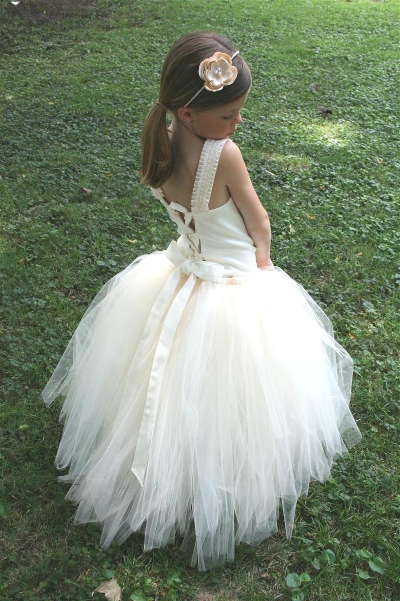Ivory Flower Girl Tutu Dress w the Original Detachable Train------Many Colors-----Perfect for Weddings---Creme Brulee
