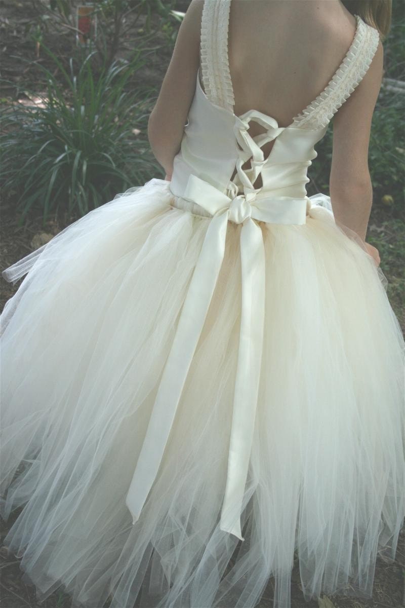 Ivory Flower Girl Tutu Dress w the Original Detachable Train------Many Colors-----Perfect for Weddings---Creme Brulee