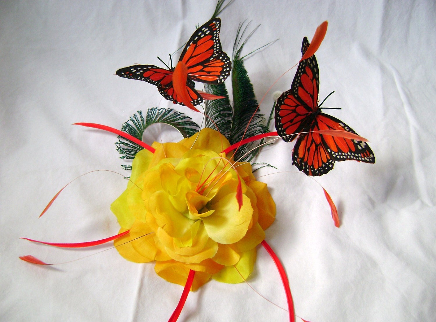 Sunshine Yellow Feather and Flower Fascinator Barrette