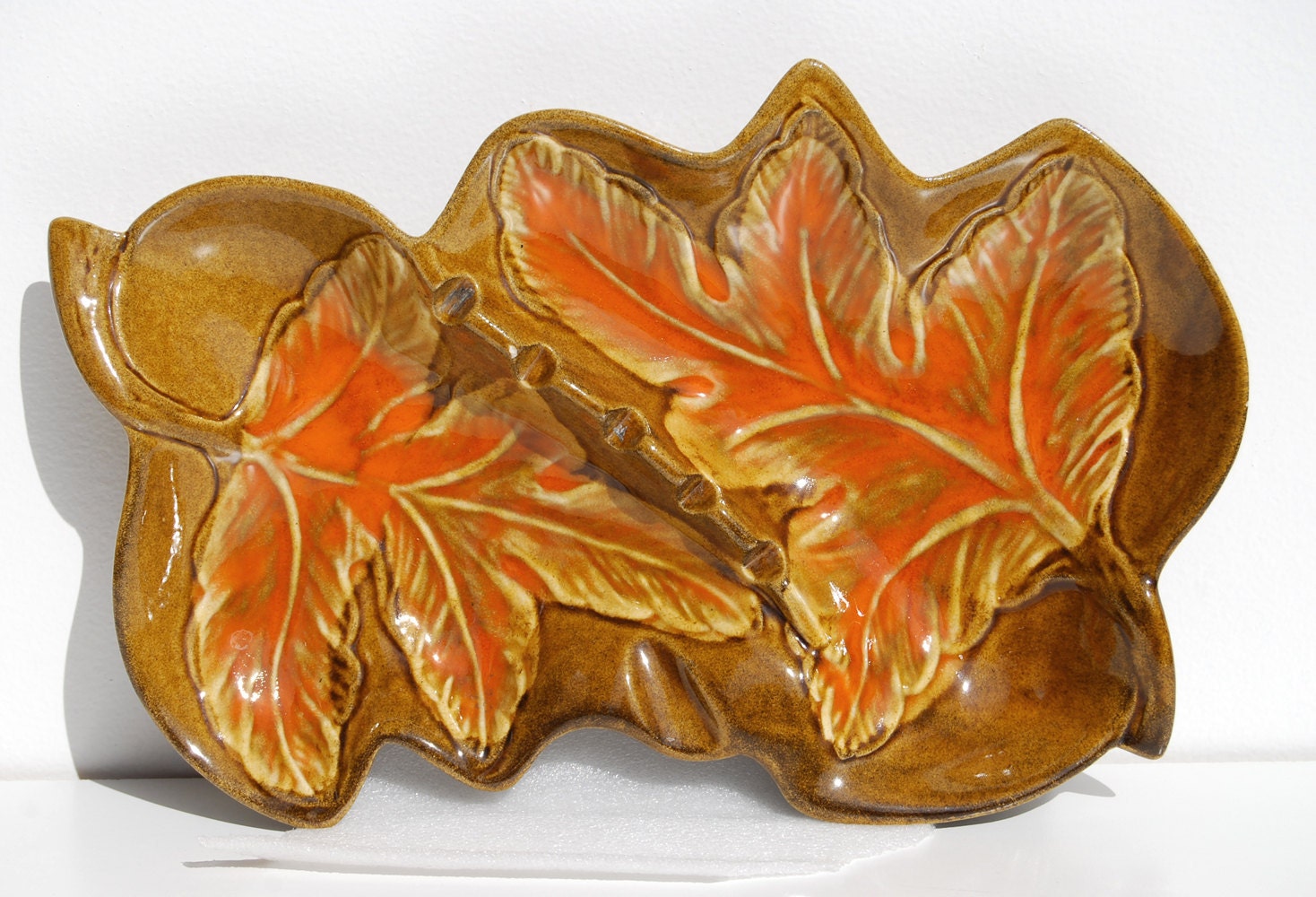 Vintage California Pottery Ashtray, Orange & Gold Autumn Leaves