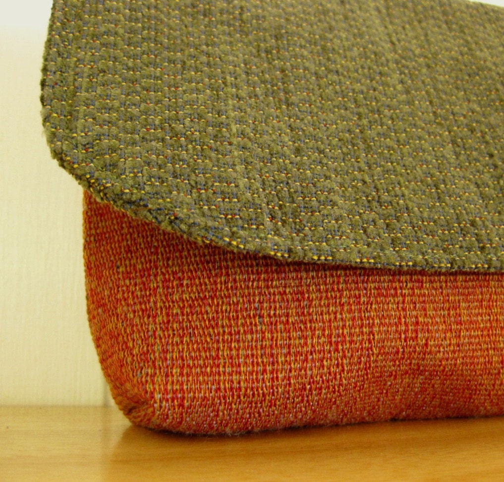 Burnt orange, olive green eco friendly clutch purse, pouch, upcycled, small fabric clutch bag, gift, cosmetic bag