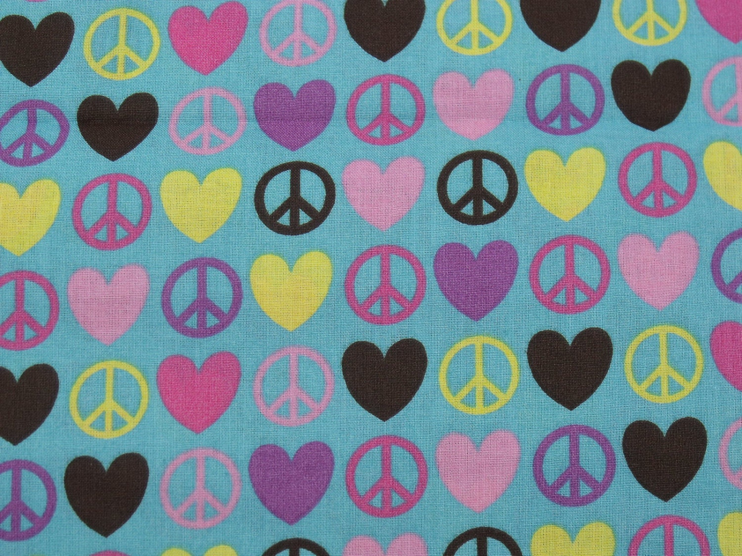 Cotton Fabric, 1 Yard, Peace and Love Symbols, Blue, Quilting, Quilt, Pillow, Wallhanging, Heart, Gift