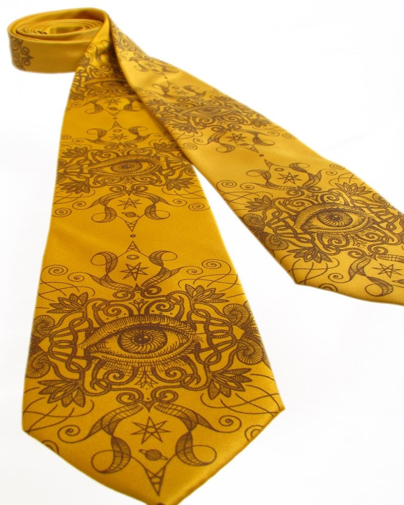Psychedelic Eye Men's Tie - Chocolate Brown on Old Gold Tie