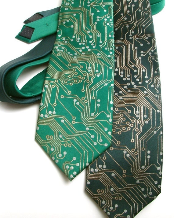 Circuit Board Nerd Necktie - Metallic Copper and Silver Ink on Green or Black Tie