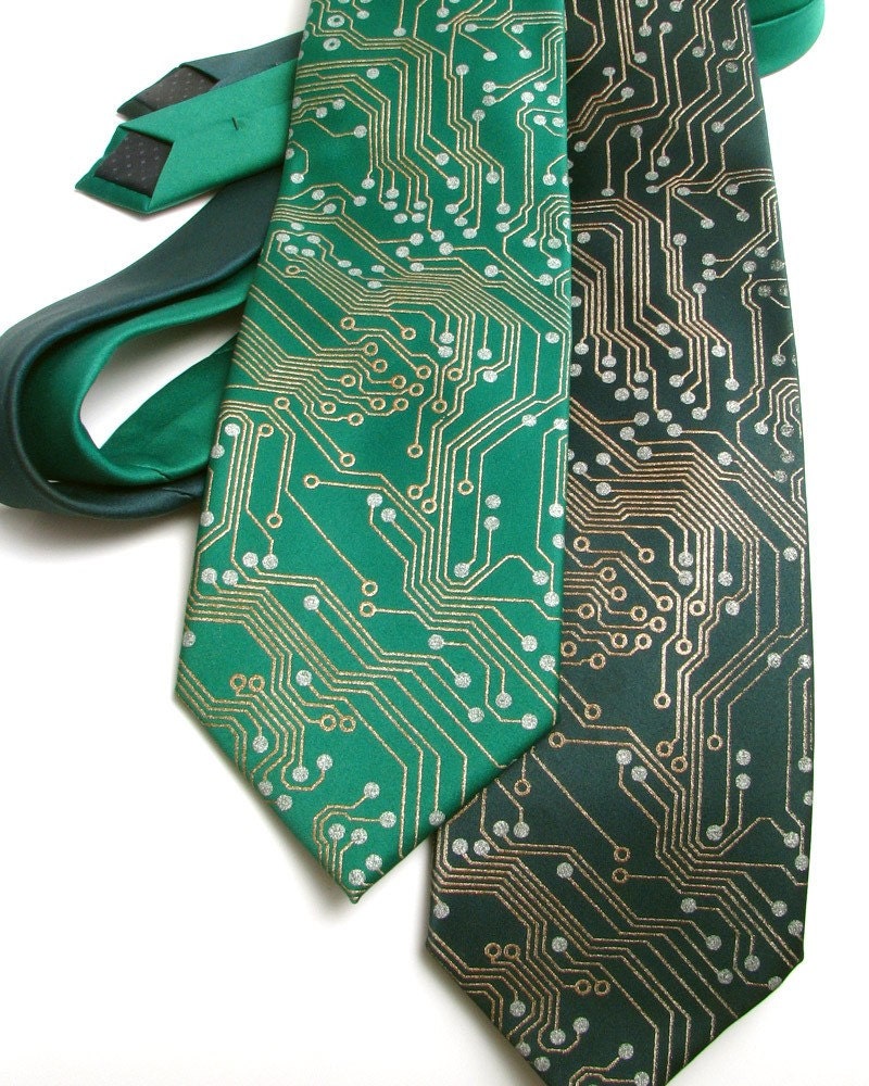 Circuit Board Nerd Necktie - Metallic Copper and Silver Ink on Green or Black Tie